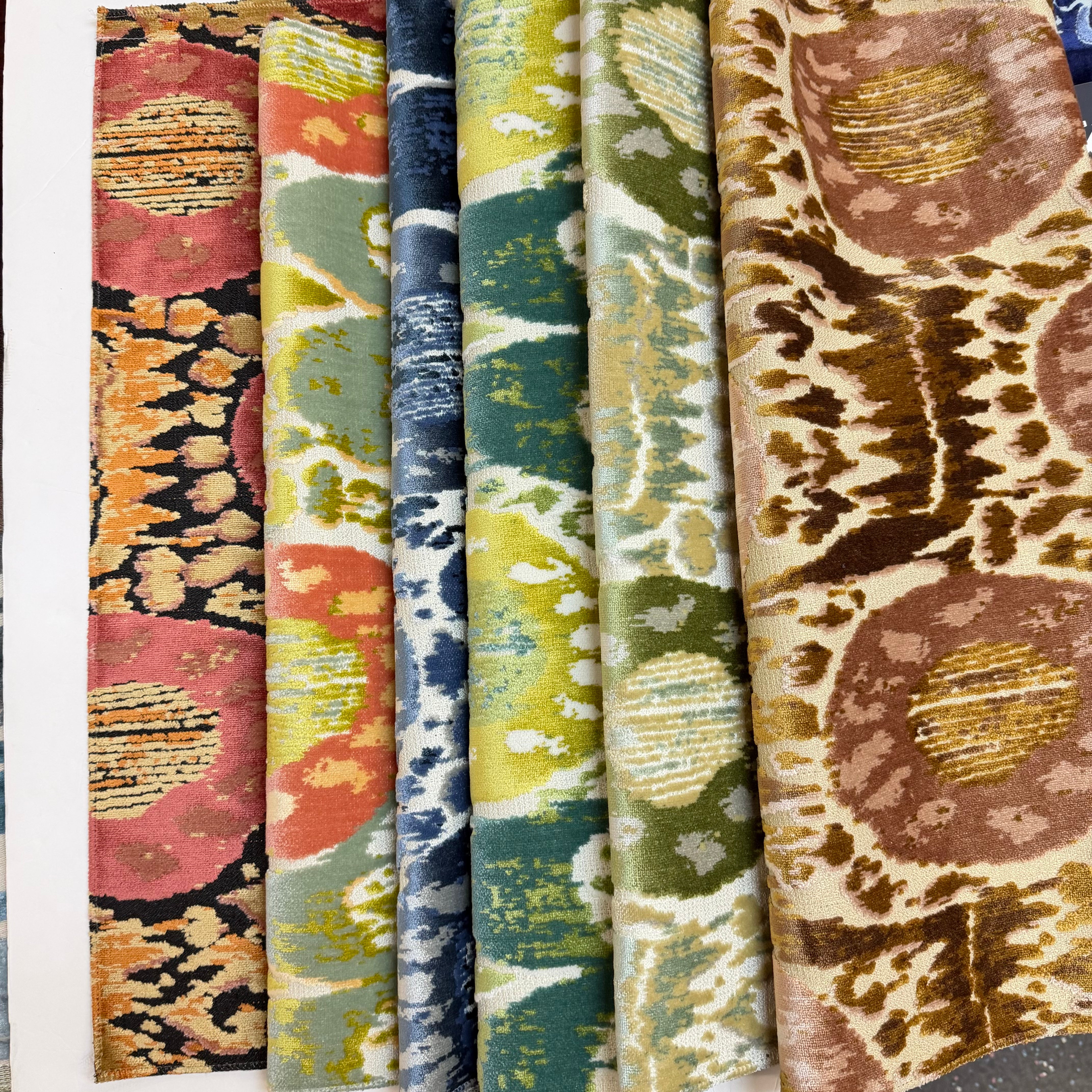 KAYA -IKAT EFFECT DESIGNER PATTERN CUT VELVET UPHOLSTERY FABRIC BY